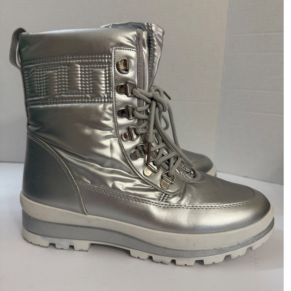 Metallic Silver Puffer Snow Boots Faux Fur Lined Platform Lug Sole Women 6 EU 37